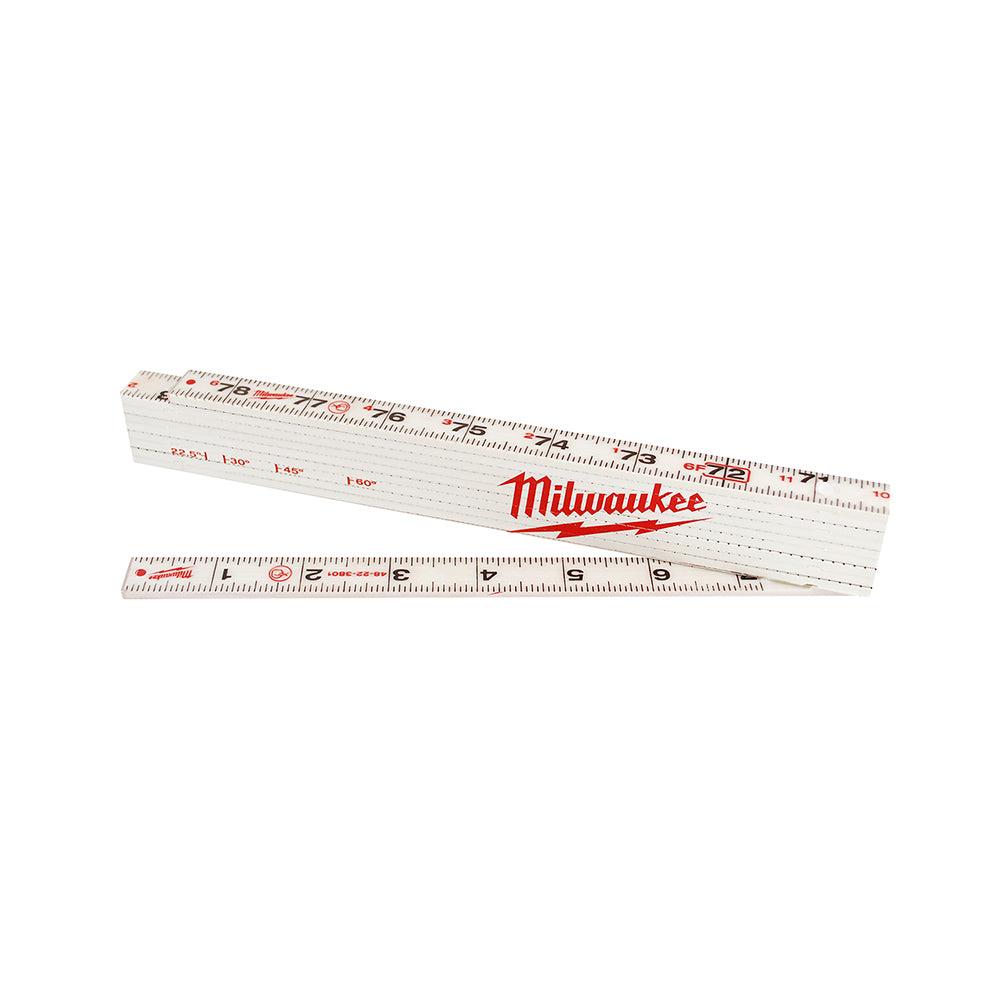 White composite folding rule with red and black measurement markings and Milwaukee branding, shown partially extended.