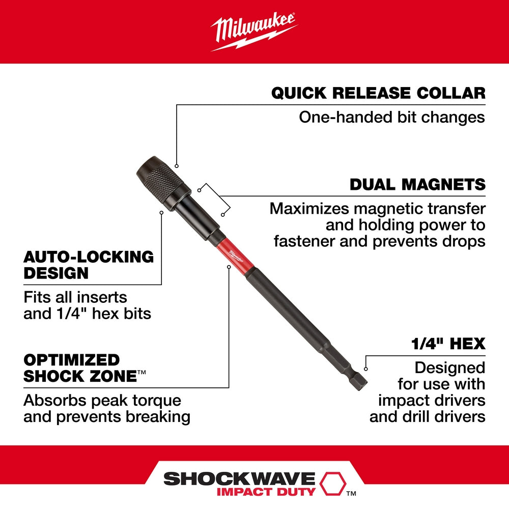 Black and red Milwaukee Shockwave 12-inch impact bit holder with quick release collar and dual magnets.