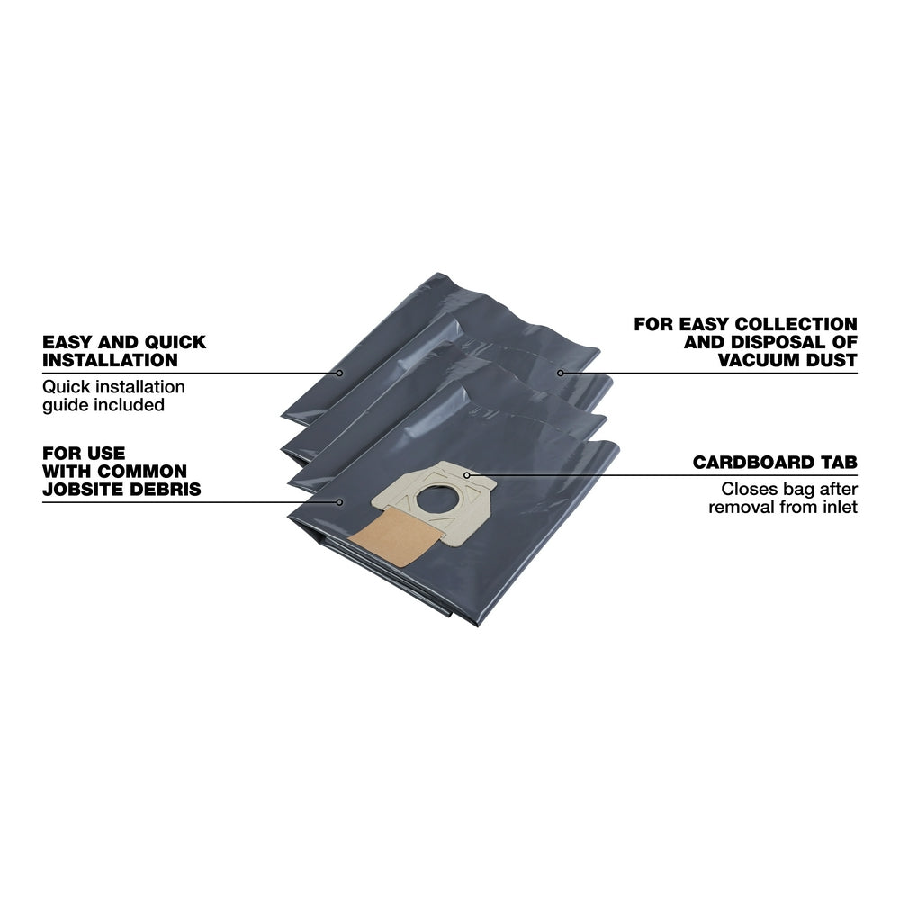 Stack of dark plastic dust collection bags with cardboard inlet tab and labeled features.