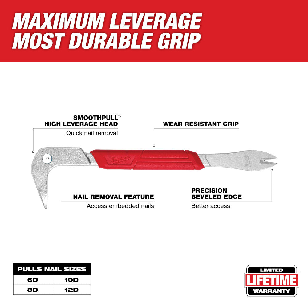 Milwaukee 9-inch finish nail puller with red grip handle, curved claw head, and beveled edge for nail removal.