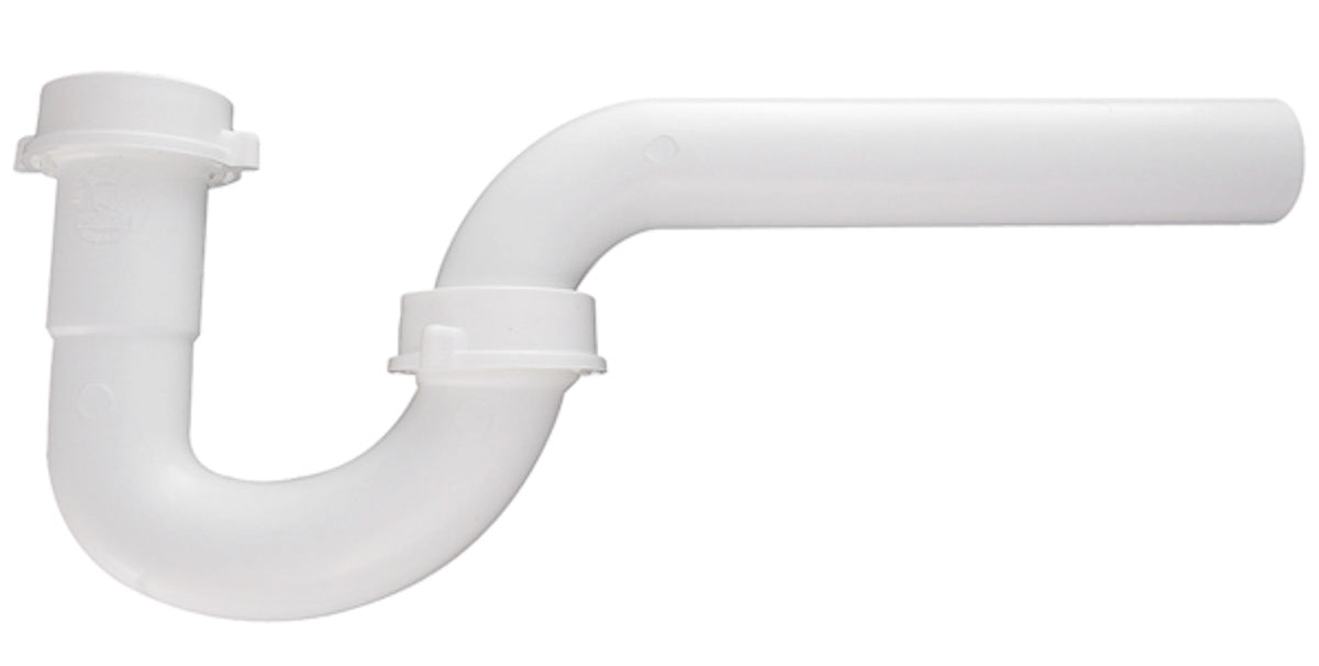 White PVC P-trap with curved bend, vertical inlet on left, horizontal outlet on right, slip joint connections visible.