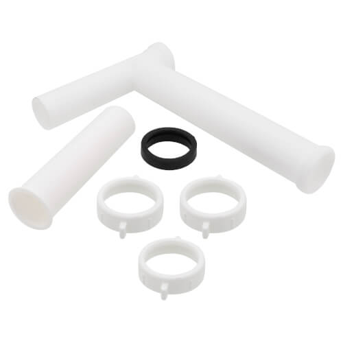 White plastic drain pipes and fittings with black rubber ring for 1-1/2 inch disposal waste connection.
