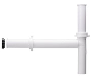 White plastic disposal drain kit with horizontal pipe, vertical tailpiece, and black cap on left end.