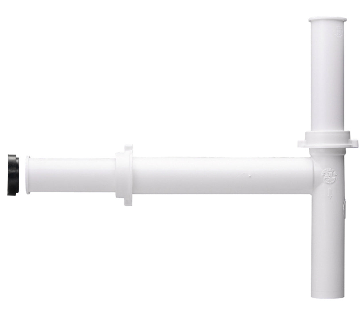 White plastic disposal drain kit with horizontal pipe, vertical tailpiece, and black cap on left end.