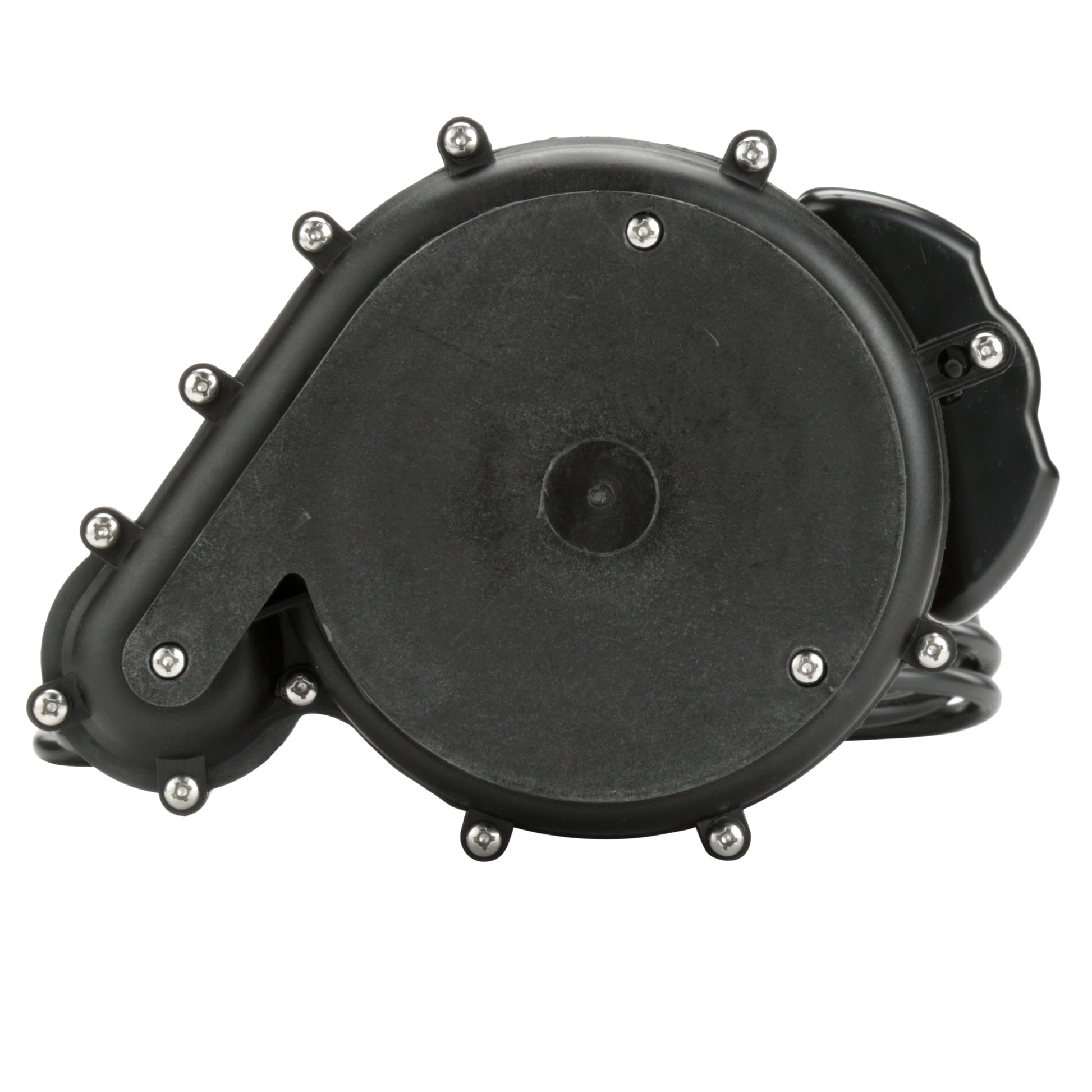 Black submersible sump pump with circular housing, inlet port, and bolted metal fasteners throughout.