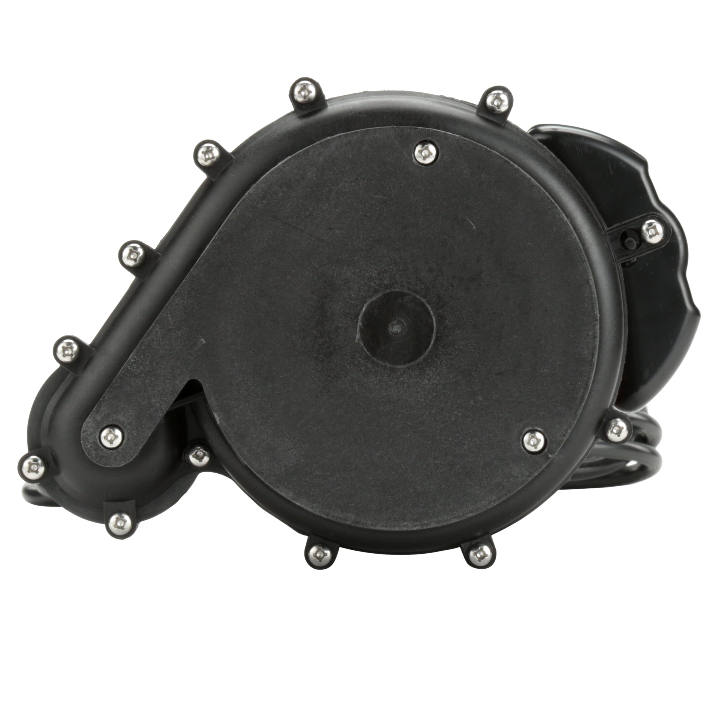 Black submersible sump pump with aluminum housing, circular intake port, and metal bolts securing the casing.