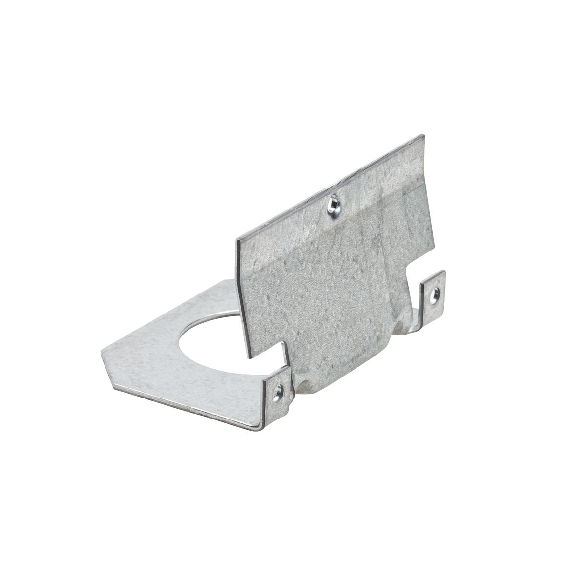 Metal regulator mounting bracket with circular opening and attachment holes for installation.