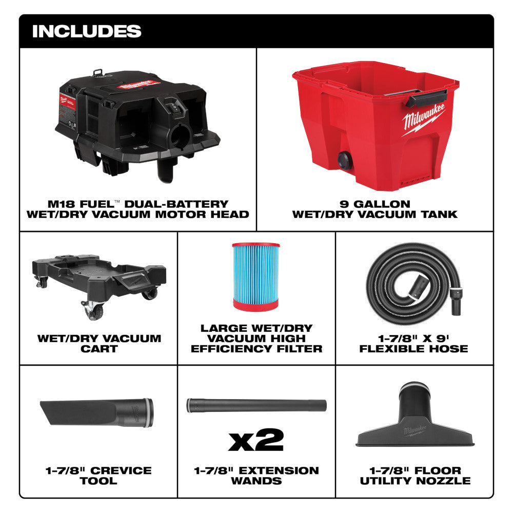 Milwaukee M18 FUEL wet/dry vacuum system with motor head, red 9-gallon tank, cart, filter, hose, crevice tool, extension wand