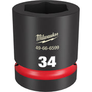 Black cylindrical socket with 6-point hexagonal opening, red grip band, and Milwaukee branding with model number 49-66-6599 a