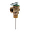 Brass temperature and pressure relief valve with 3/4 inch connection and adjustment screw on top.