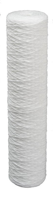 White cylindrical polypropylene string wound sediment filter cartridge with textured wound pattern, 4.5 by 20 inches.