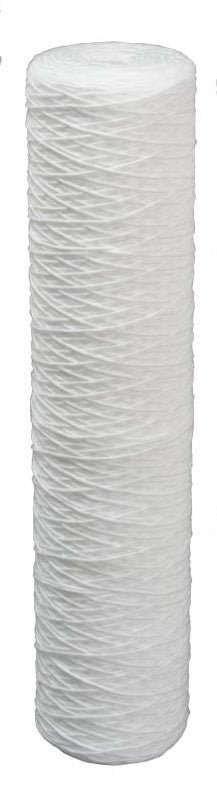 White cylindrical polypropylene string wound sediment filter cartridge with textured wound pattern, 4.5 by 20 inches.