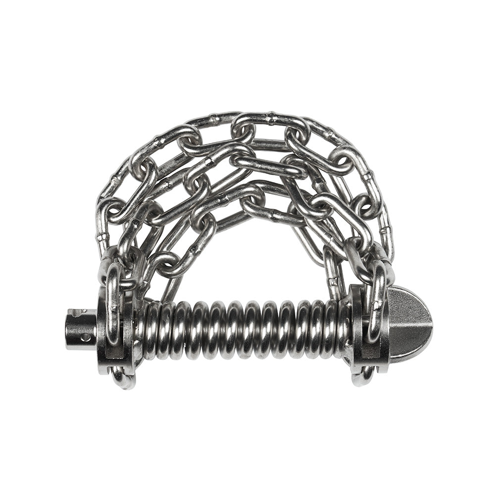 Metal grease cutter tool with chain loop and threaded screw handle for sectional cable cleaning.