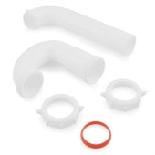 White PVC P-trap with curved pipe sections, two slip joint washers, and red rubber seal ring.