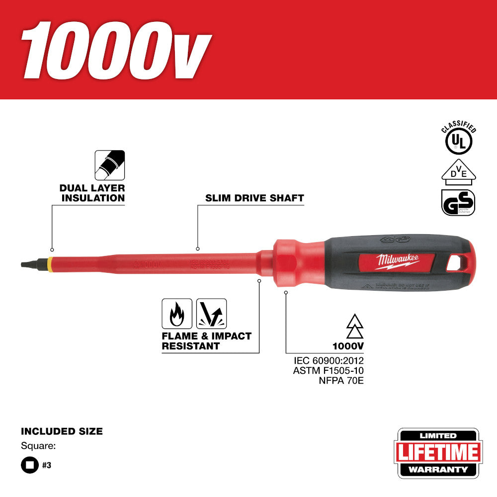 Red and black Milwaukee insulated screwdriver with square #3 drive tip and dual-layer insulation, rated for 1000V.