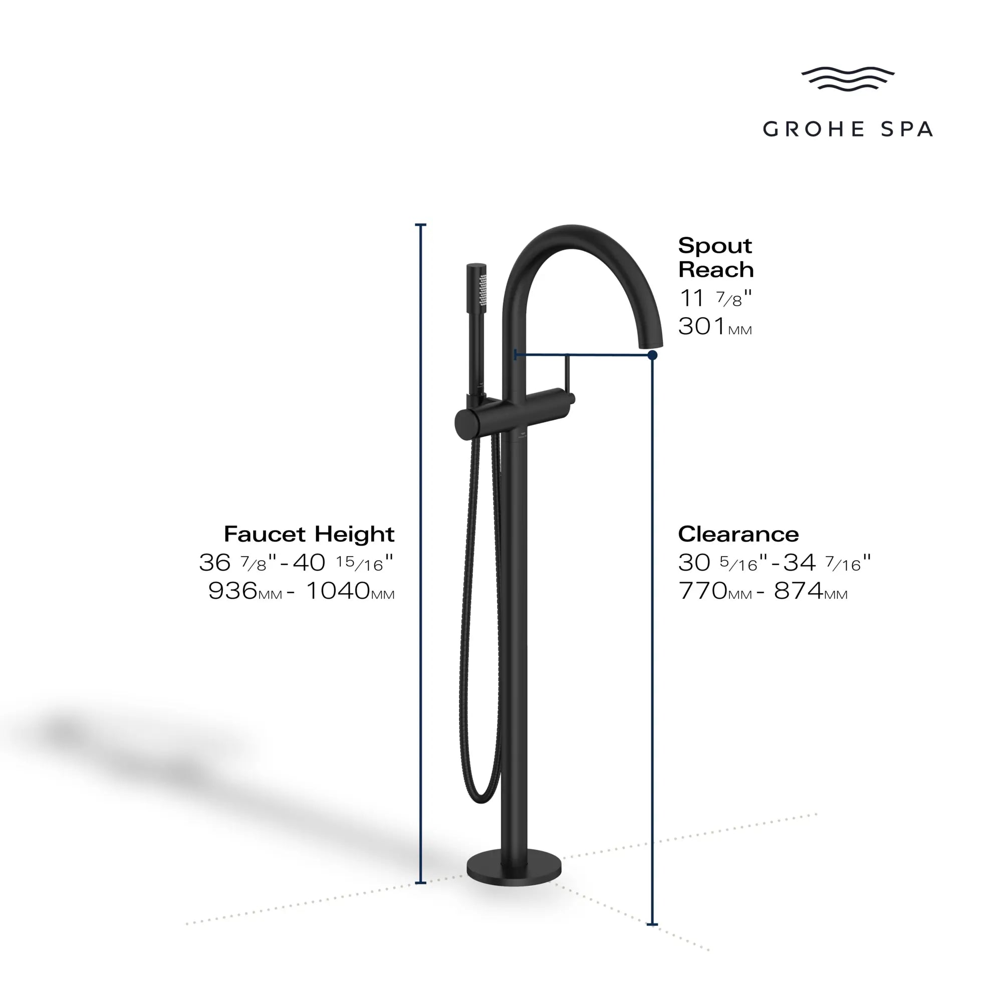 Black freestanding tub faucet with curved spout and detachable hand shower, showing dimensions and specifications.