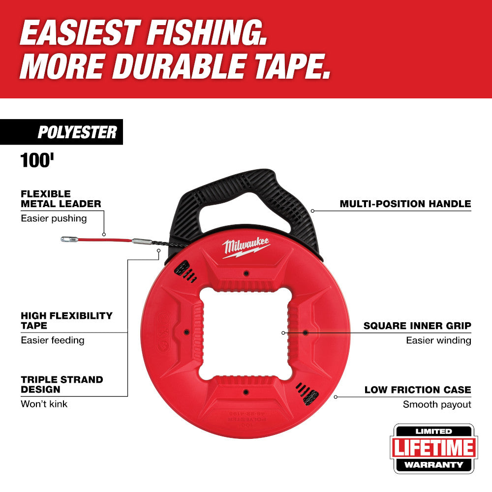 Red Milwaukee fish tape reel with black handle, 100-foot polyester tape with flexible metal leader attached.