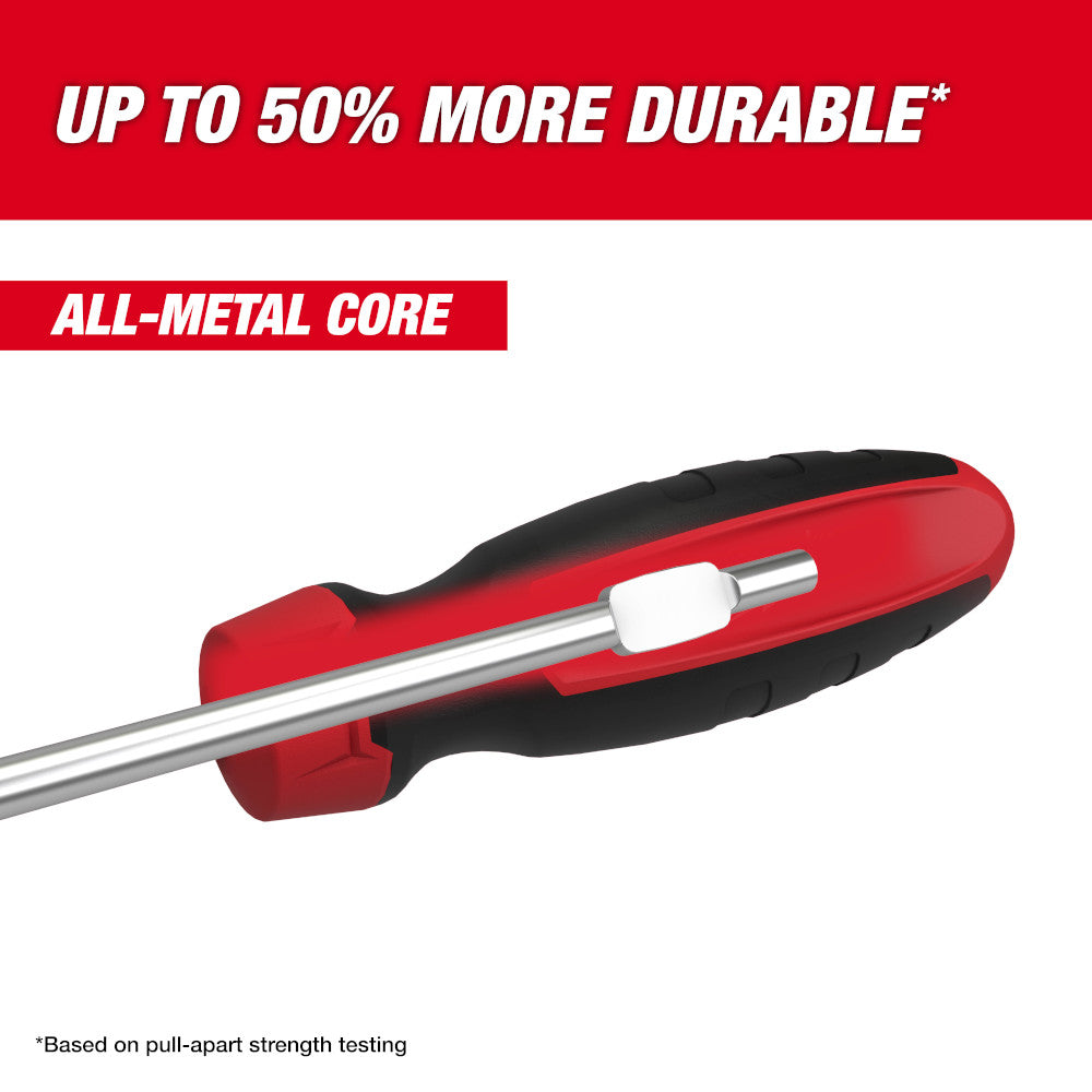 Single hook and pick tool with red and black handle and metal shaft.