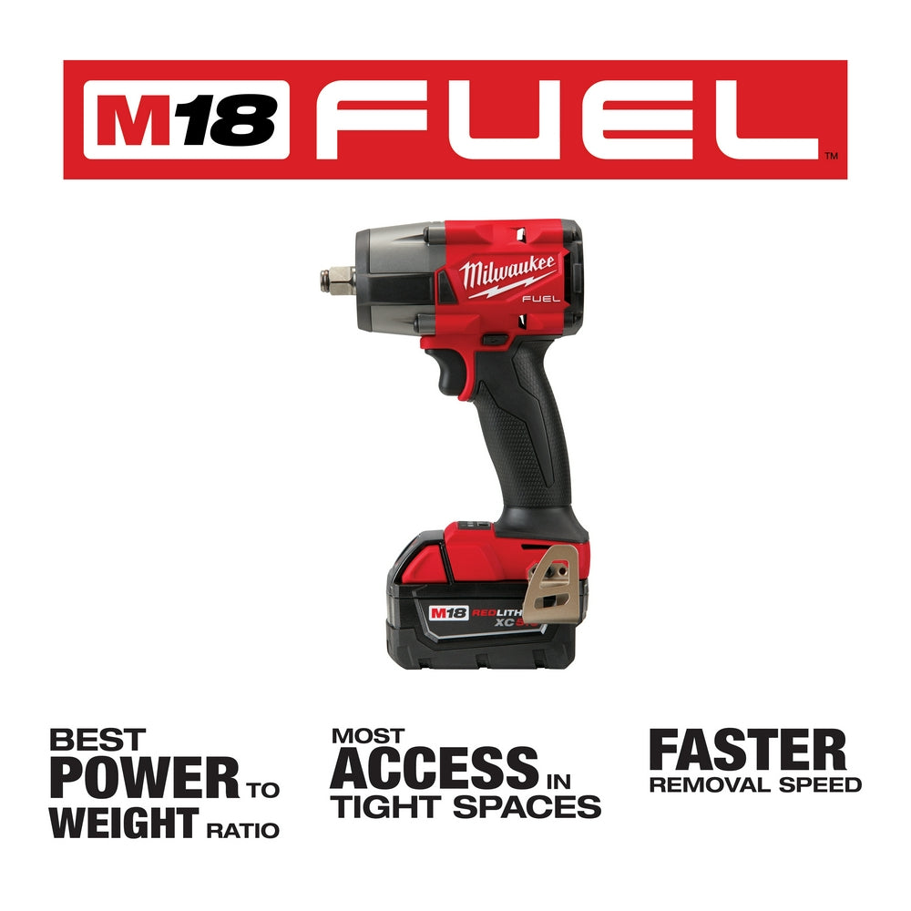 Milwaukee M18 FUEL 1/2" mid-torque impact wrench with friction ring, red and black cordless tool with battery.