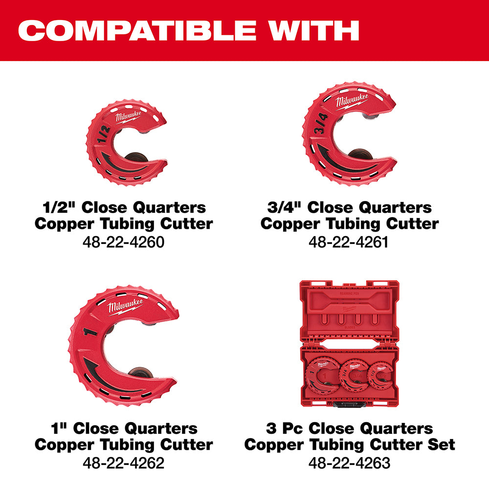 Two red Milwaukee replacement blades for close quarters copper tubing cutters with curved cutting heads and measurement marki