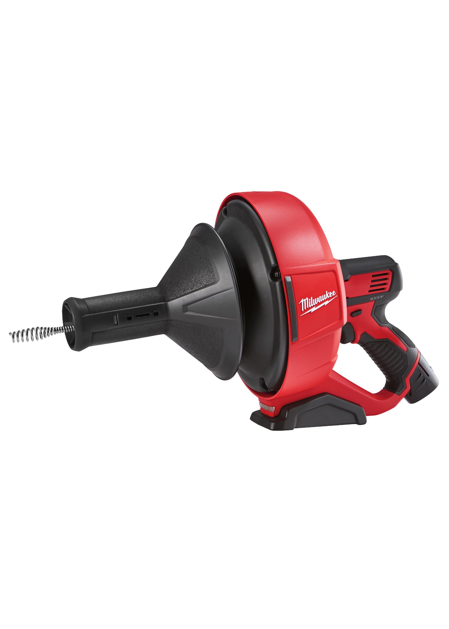 Red and black Milwaukee M12 drain snake with coiled cable attached to motorized head unit.