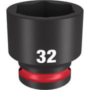 Black 32MM socket with six-point opening and red band near base for 1/2" drive.