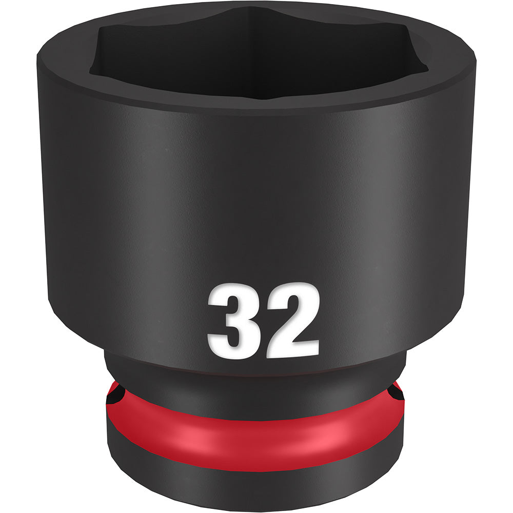 Black 32MM socket with six-point opening and red band near base for 1/2" drive.