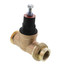 Brass pressure reducing valve with threaded ports and black adjustment screw on top.