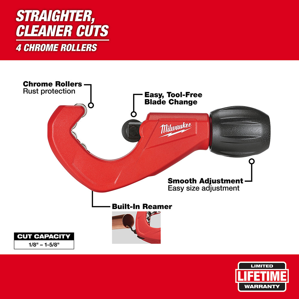 Red Milwaukee copper tubing cutter with black grip, chrome rollers, and built-in reamer for 1/8" to 1-5/8" pipe.