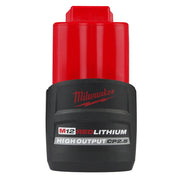 Red and black Milwaukee M12 REDLITHIUM HIGH OUTPUT CP2.5 battery pack with branded labels on black grip section.