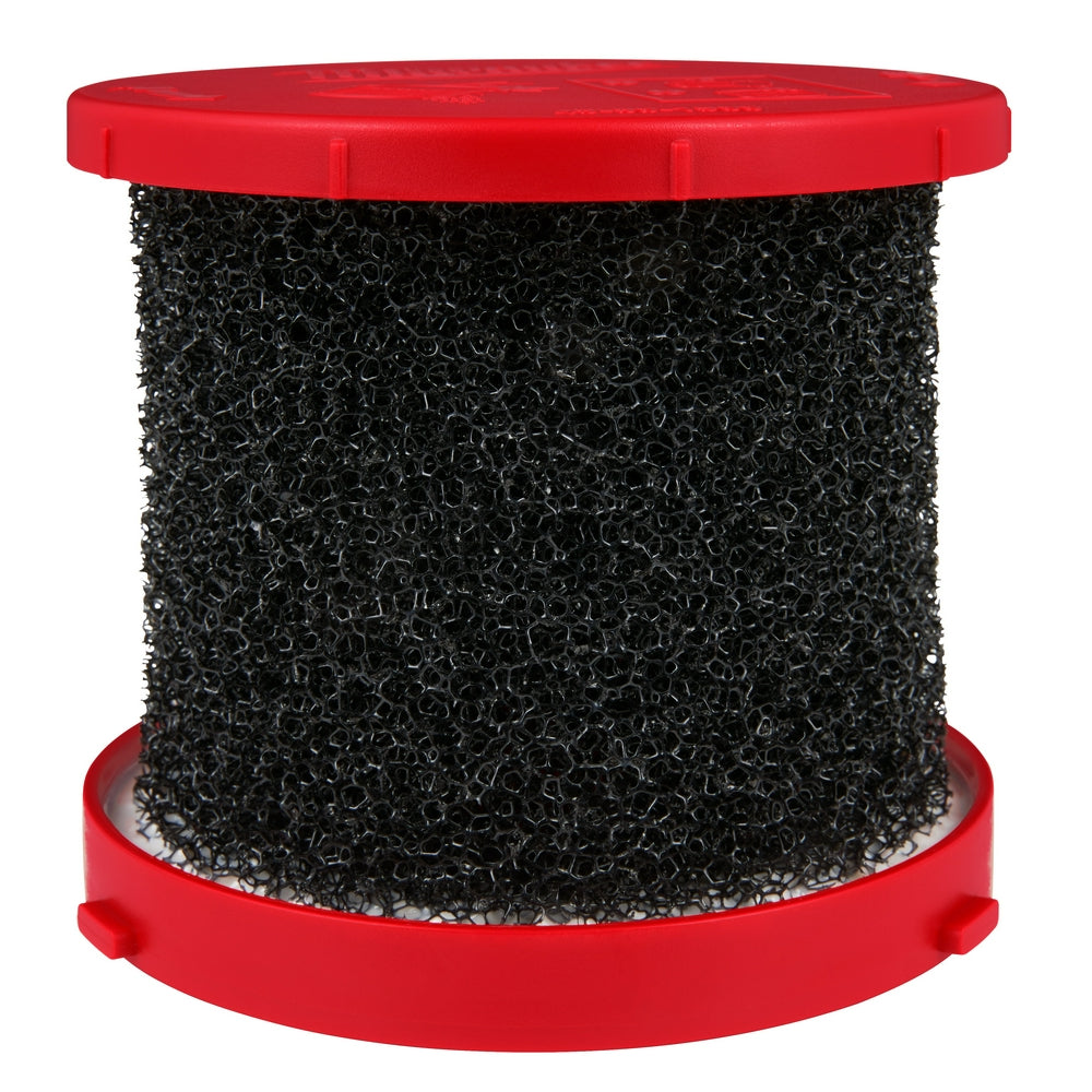 Red and black cylindrical foam filter with textured surface and circular top and bottom caps.