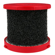 Red and black cylindrical foam filter with textured surface and circular top and bottom caps.