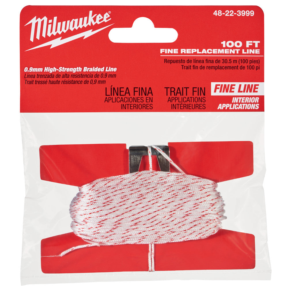 Milwaukee 100 ft. fine replacement chalk line with red and white braided cord on red spool card.