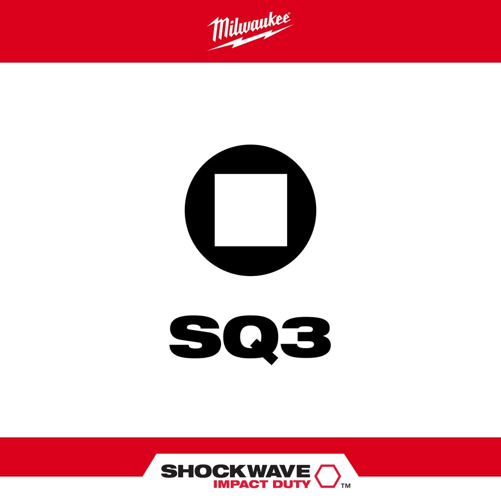 SQ3 square recess impact power bit with Milwaukee Shockwave branding on red background.