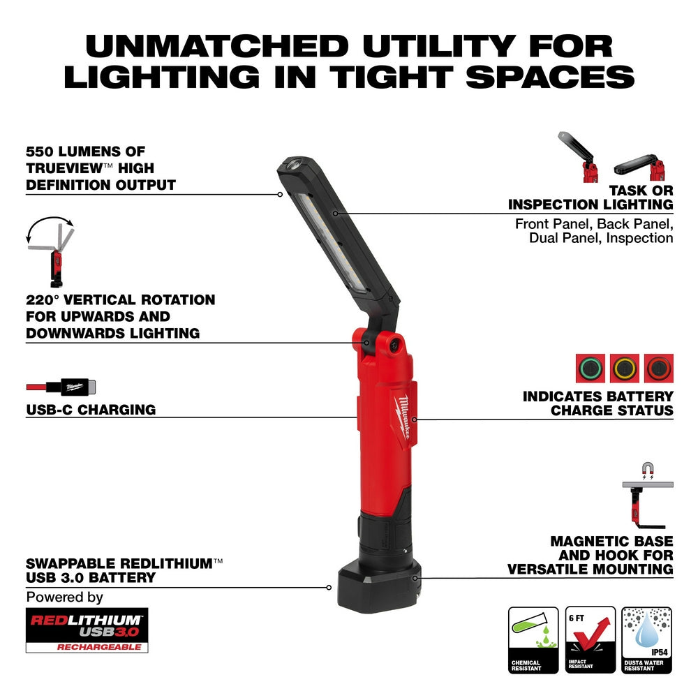 Red and black Milwaukee stick light with pivoting head, magnetic base, and USB-C charging port.
