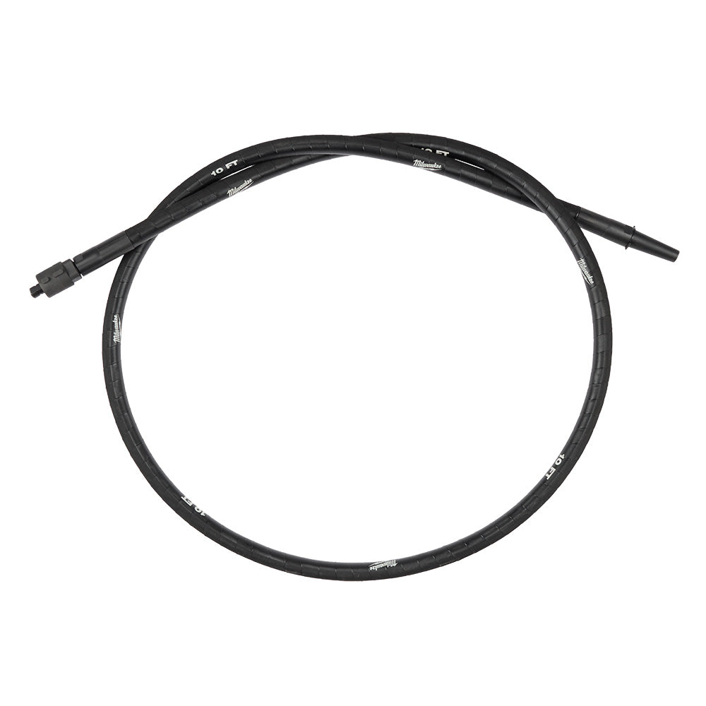 Black flexible concrete vibrator shaft, 10 feet long, coiled with connector end visible.