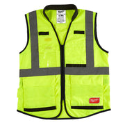 High-visibility yellow safety vest with reflective gray strips, front zip closure, and multiple pockets in L/XL size.