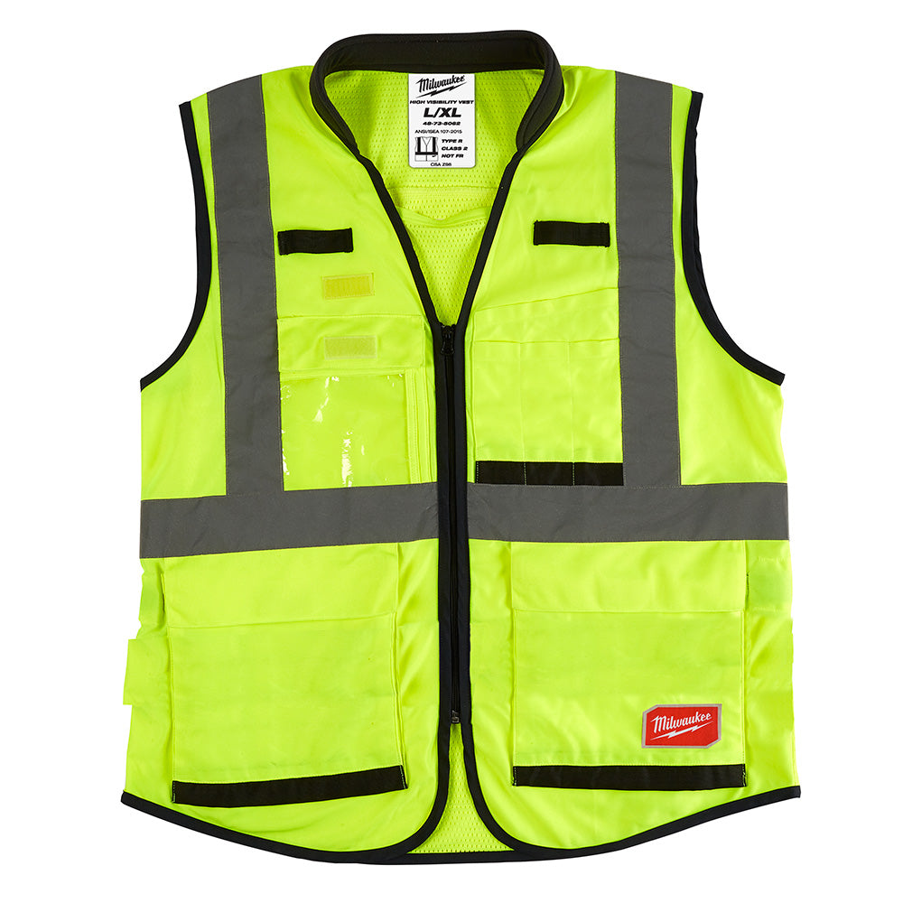 High-visibility yellow safety vest with reflective gray stripes, multiple pockets, and black trim in XXL/XXXL size.