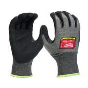 Gray and black nitrile dipped work gloves with lime green cuff and Milwaukee branding label on back.