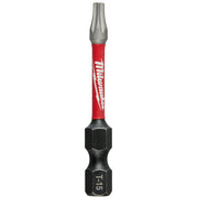 Milwaukee Shockwave T15 impact driver bit with red and black grip, 2 inch length.