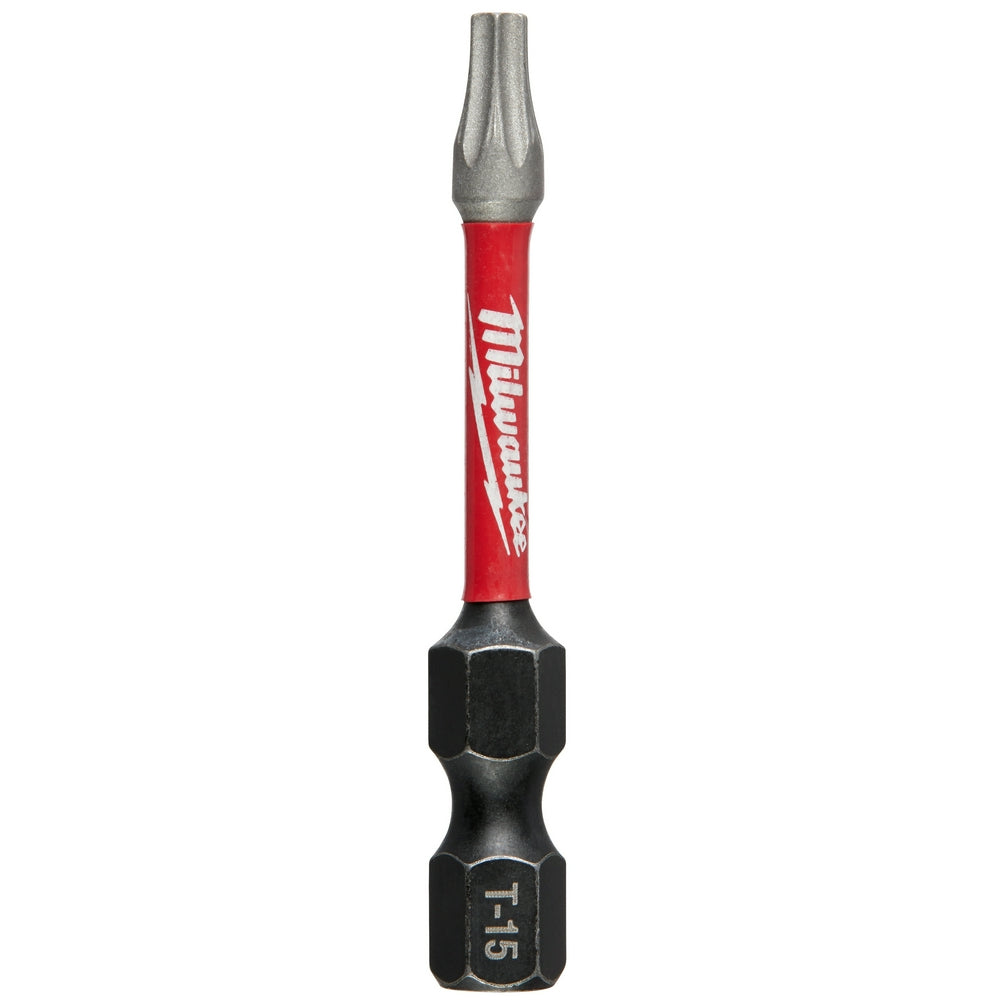 Milwaukee Shockwave T15 impact driver bit with red and black grip, 2 inch length.