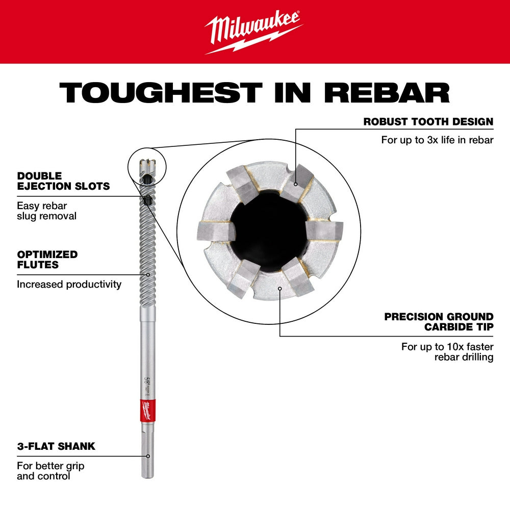 Milwaukee 3/4" x 12" straight shank rebar cutter with segmented diamond tip and three-flat shank design.