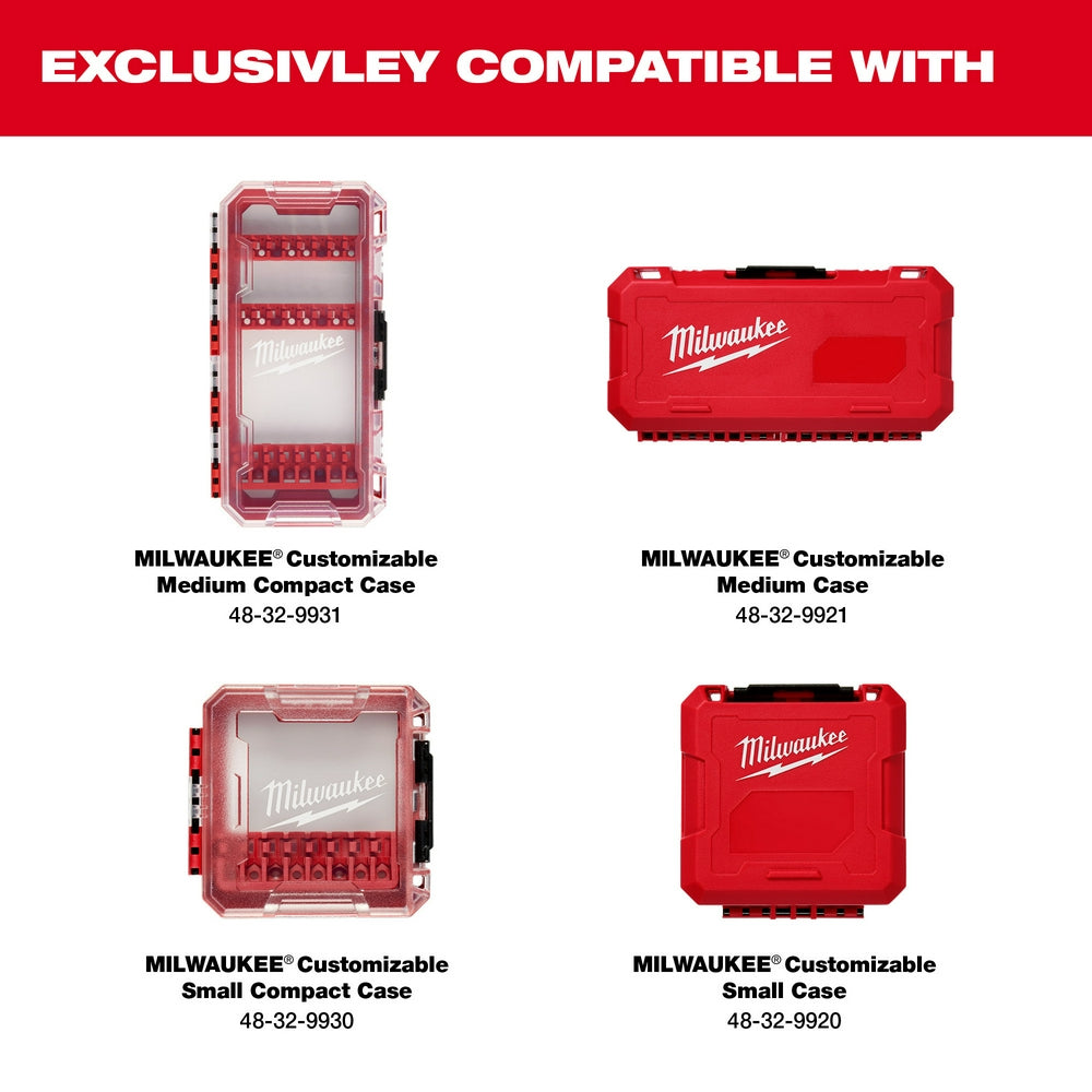 Five red Milwaukee plastic organizer cases with varying sizes and compartment configurations for storing bits and accessories