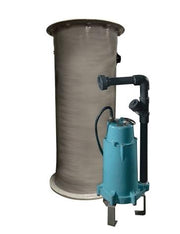 Gray cylindrical sump basin with attached blue submersible pump and black piping assembly.