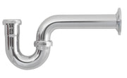 Chrome P-trap with curved section and horizontal outlet arm with wall flange connection.