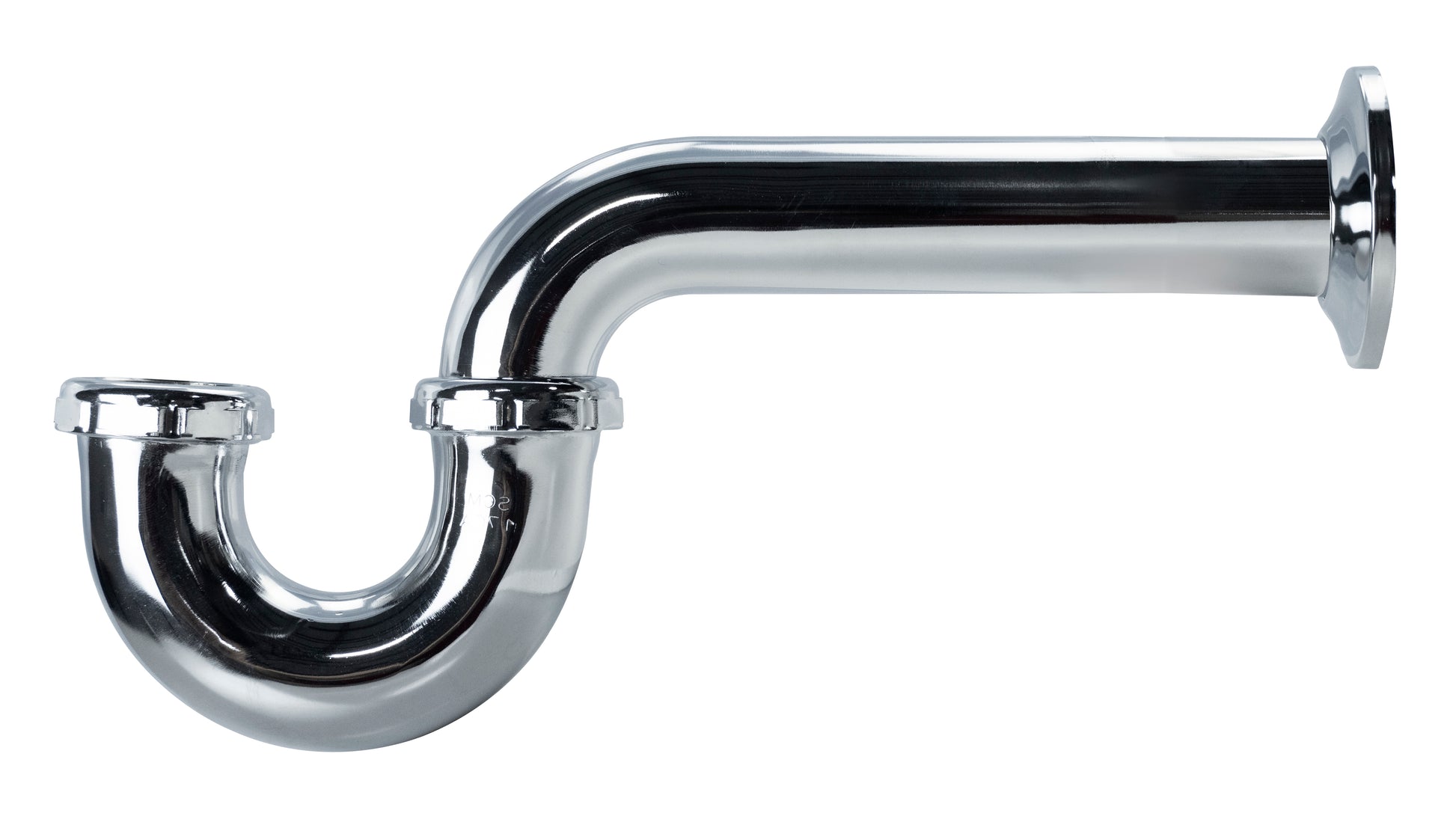 Chrome plated P-trap with curved bend section and wall-mounted escutcheon flange on right side.
