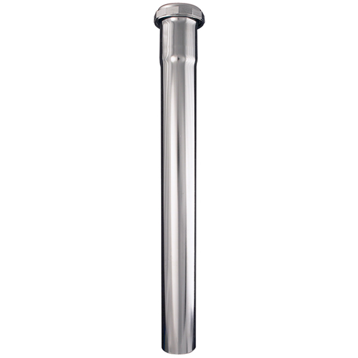 Vertical chrome metal pipe extension with rounded cap and slip joint fitting at top.