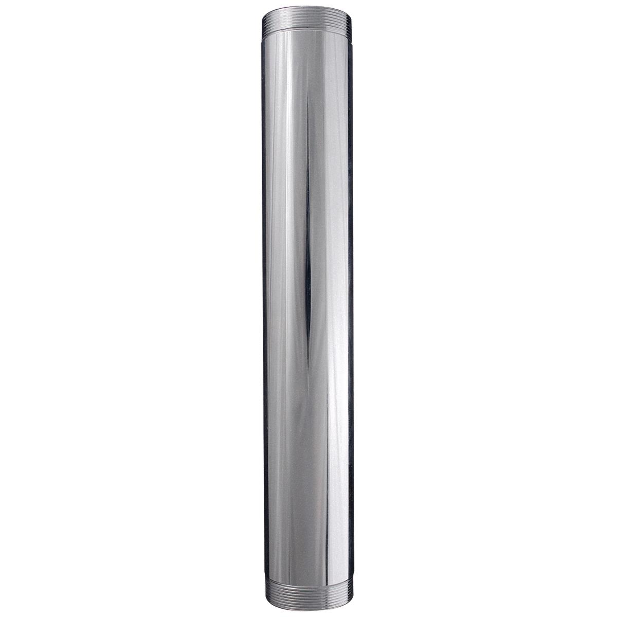 Silver metal tube with threaded ends, cylindrical shape, 12 inches long and 1-1/4 inch diameter.