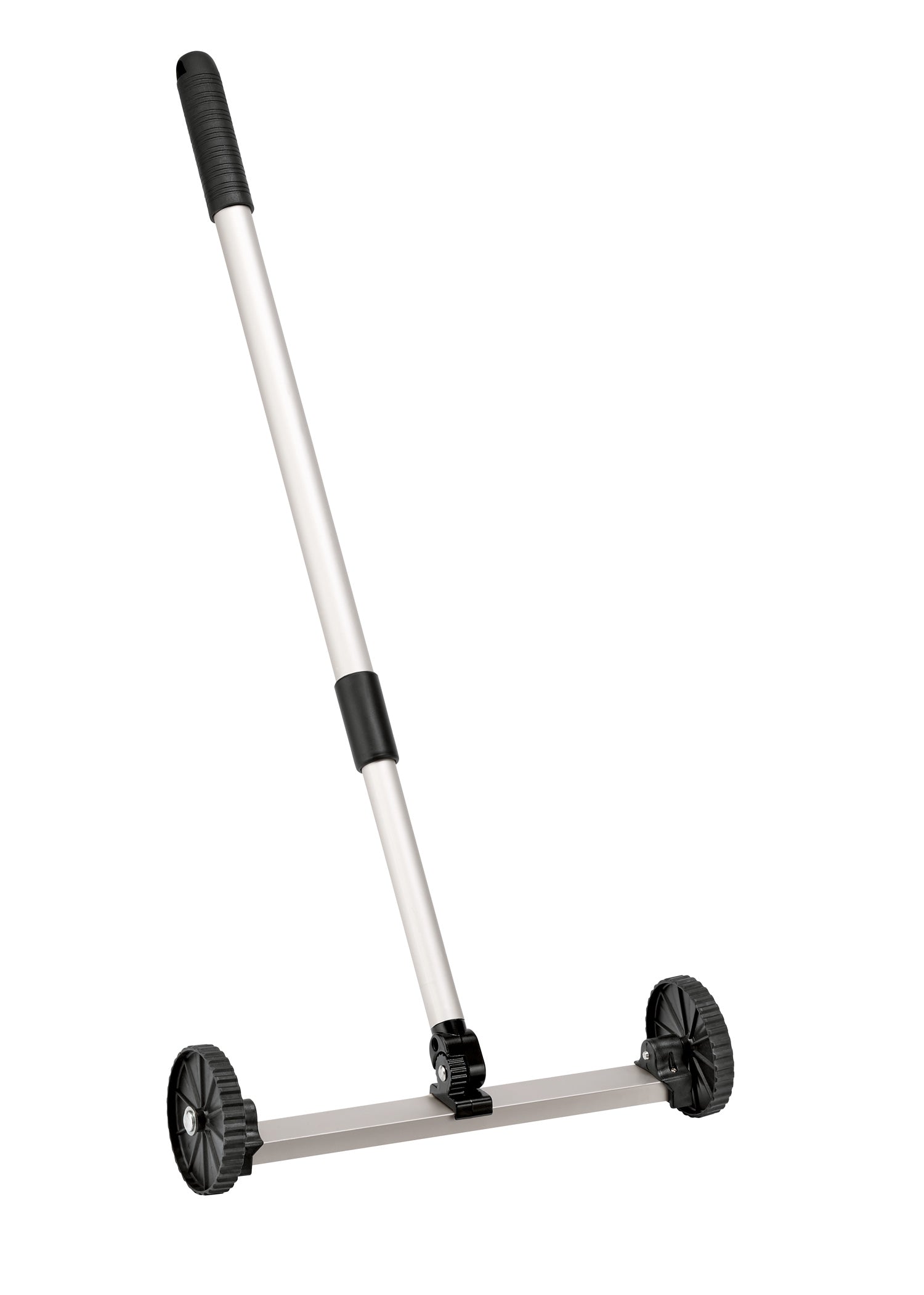 Magnetic floor sweep with two wheels, silver shaft, and black grip handle.