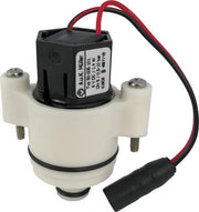 Black solenoid valve with white cylindrical body, red and black wires, and two metal mounting bolts.